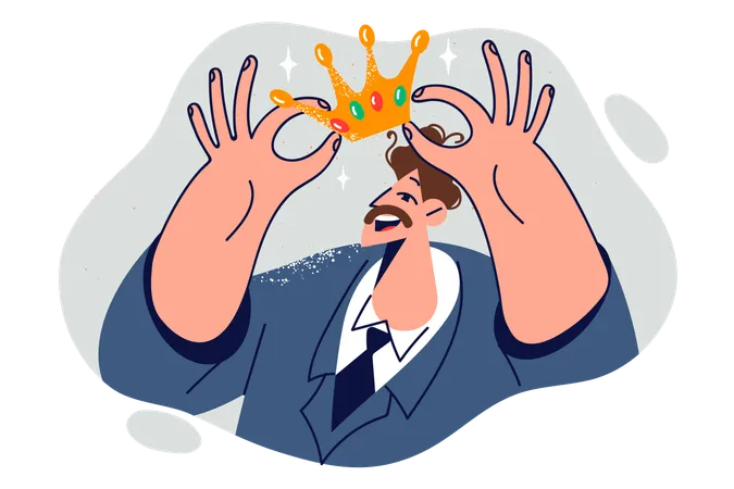Business Man Leader Puts Crown On Head Symbolizing Superiority Over Colleagues And Competitors Guy Office Clerk Or Manager In Formal Suit Holds Leader Crown Obtained After Employee Competition Illustration