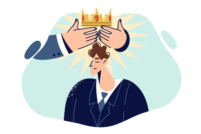 Business Man Receives Golden Crown From Hands Of Boss As Sign Of Gratitude For Achieving Success In Career Business Guy Gets Well Deserved Reward After Valiant Productive And Efficient Work Illustration
