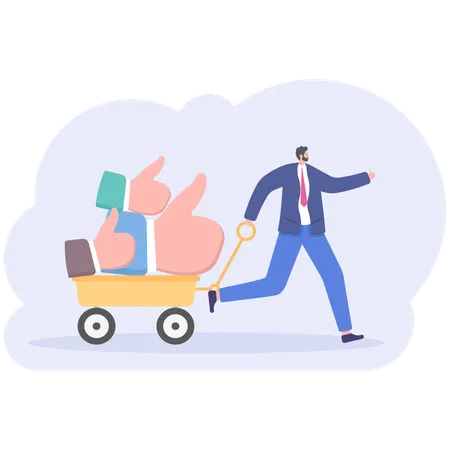 Businessmen Carry In The Garden Trolley A Lot Of Signs Thumbs Up Or Like Yes In The Cart Feedback Voting Concept Vector Illustration Flat Illustration