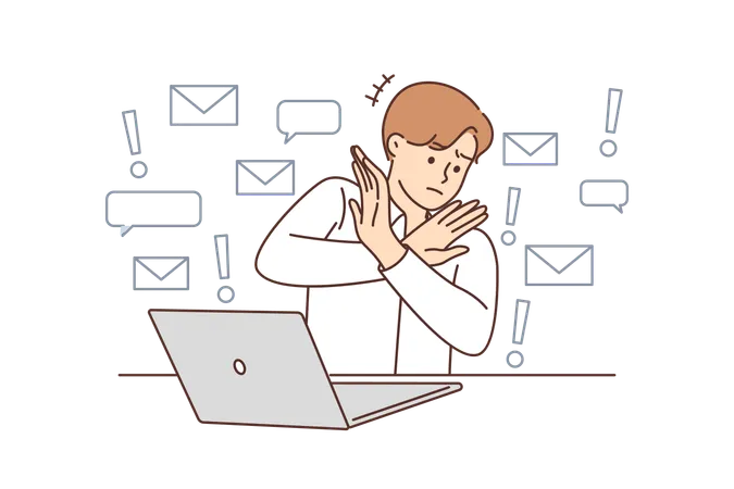 Business Man Suffering From Internet Spam And Doing Stop Gesture Sitting At Table With Laptop And Needing Antivirus Manager Guy Is Tired Of Spam Coming To Email Or Private Messages On Social Networks Illustration