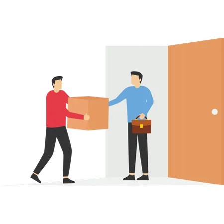 Man In A Business Suit Receives A Parcel From A Delivery Worker Delivery Worker Holding A Package At Door Express Door To Door Delivery Service Illustration