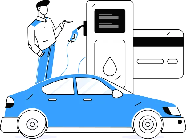 Businessman refueling car tank before going on trip  Illustration