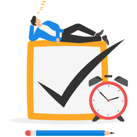 Businessman relax sleep on complete checkbox with alarm clock  Illustration
