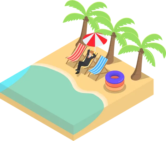 Flat 3 D Isometric Businessman Relaxing On The Beach Relax And Going On A Vacation Concept Illustration