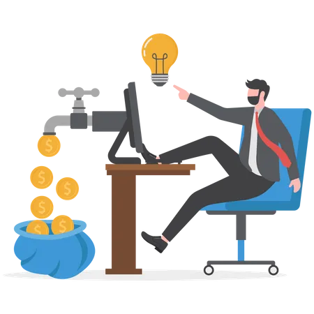 Businessman Sitting Relaxing And Making Money Passively Finance Investment Wealth Passive Income Concept Work Office Flat Illustrator Vector Illustration