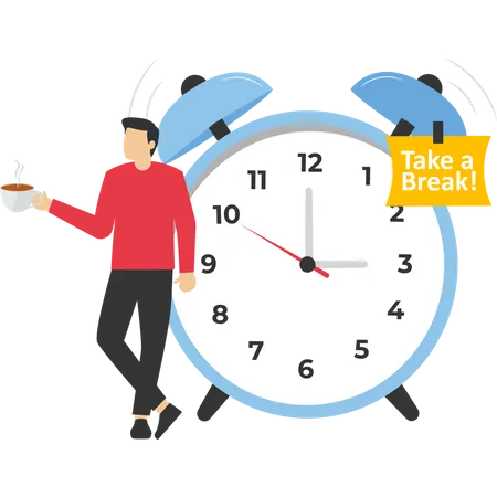 Businessman Relaxing With A Cup Of Coffee Or Tea With Alarm Clock Time Off Concept Free From Boredom Sleepy And Tired Concept Coffee Break Time To Relax And Refresh From Long Intervals Of Stress Illustration