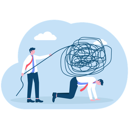 Businessman removes the burden of messy lines from exhausted workers  Illustration