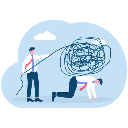 Businessman removes the burden of messy lines from exhausted workers  Illustration