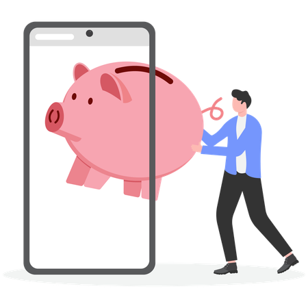 Businessman removing piggy bank from mobile  Illustration
