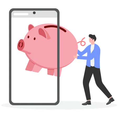 Businessman removing piggy bank from mobile  Illustration