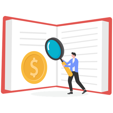 Businessman research on money with book  Illustration