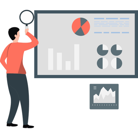 Businessman researching pie chart with magnifying glass  Illustration