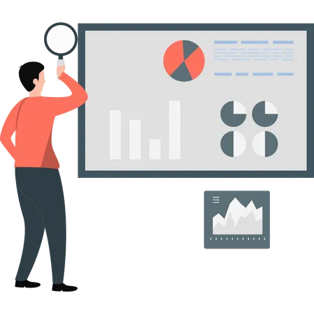 Businessman researching pie chart with magnifying glass  Illustration