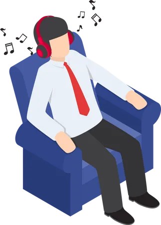 Flat 3 D Isometric Businessman Resting At Sofa And Listening Music From Headphones Relax Concept Illustration