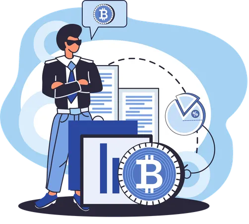 Businessman reviewing bitcoin report  Illustration