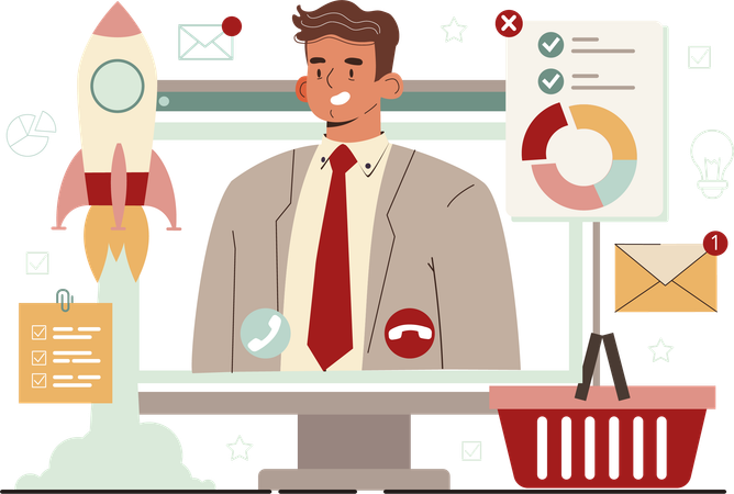 Businessman reviews launch report in shopping website  Illustration