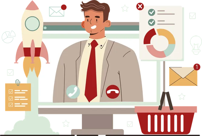 Businessman reviews launch report in shopping website  Illustration