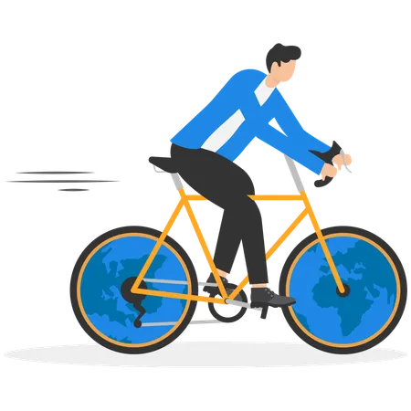 A Businessman Ride A Bicycle With Globes For Wheels Illustration