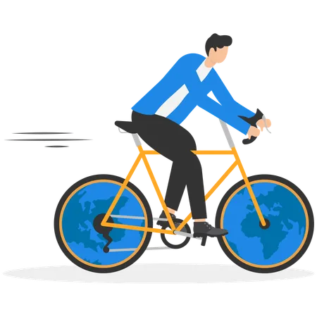 Businessman ride bicycle with globes for wheels  Illustration