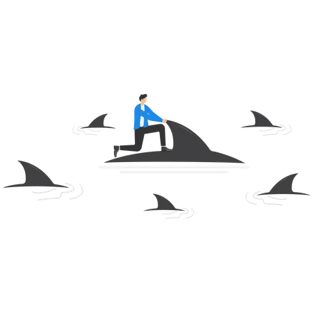 Businessman ride the shark through the sharks  Illustration