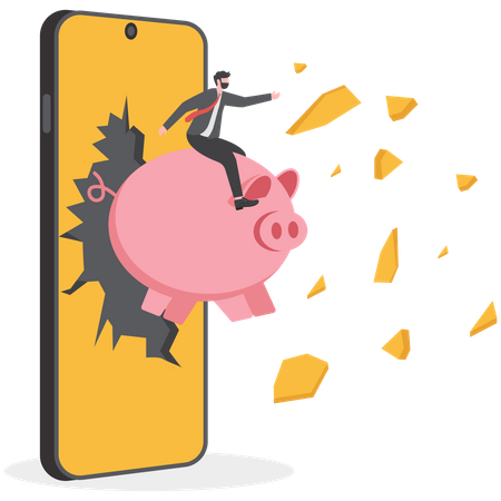 Businessman rides a piggy bank and jumping off the mobile phone screen  Illustration