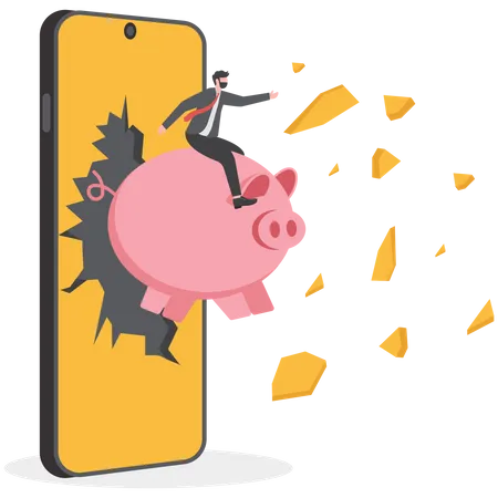 Businessman Rides A Piggy Bank And Jumping Off The Mobile Phone Screen Digital Online Business Concept Illustration