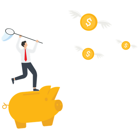Businessman rides a piggy bank to catch dollar money  Illustration