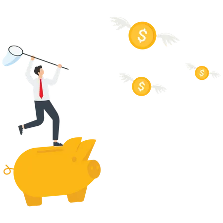 Businessman rides a piggy bank to catch dollar money  Illustration