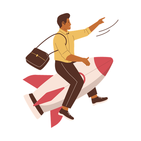 Businessman rides rocket to achieve success  Illustration