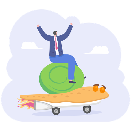 Businessman rides skateboarding speed turtle  Illustration