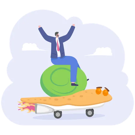 Businessman rides skateboarding speed turtle  Illustration