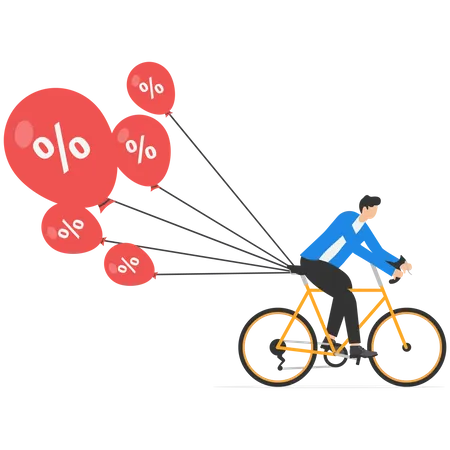 Businessman Riding a bicycle tries to pull down many inflation balloons  Illustration