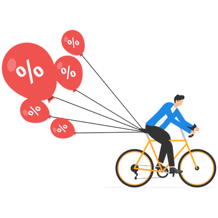 Businessman Riding a bicycle tries to pull down many inflation balloons  Illustration