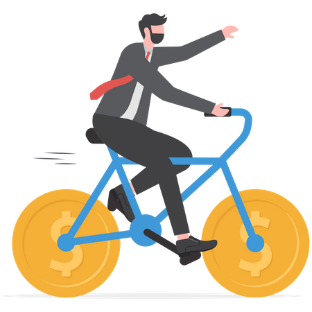 Businessman riding a bicycle with coins instead of wheels  Illustration