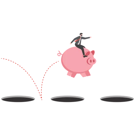 Businessman riding a piggy bank confidently jumping over a hole  Illustration