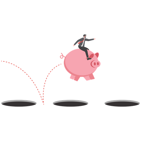 Businessman riding a piggy bank confidently jumping over a hole  Illustration