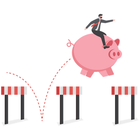 Businessman riding a piggy bank jumping over hurdle  イラスト
