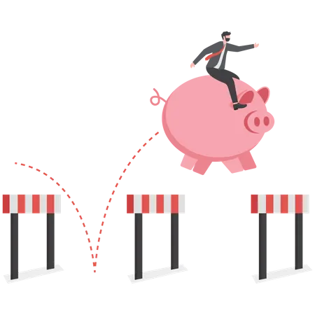 Businessman riding a piggy bank jumping over hurdle  イラスト