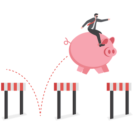 Businessman riding a piggy bank jumping over hurdle  Illustration