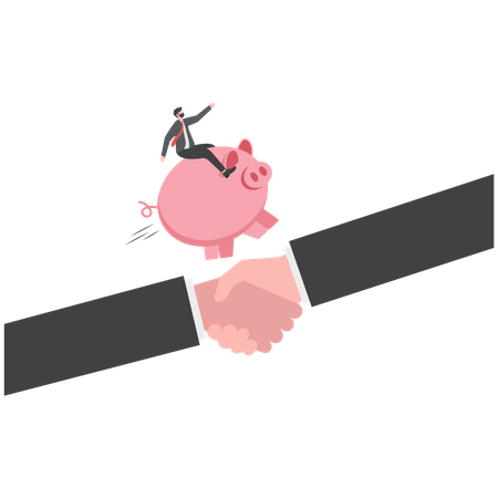 Businessman riding a piggy bank points his finger and runs forward  Illustration