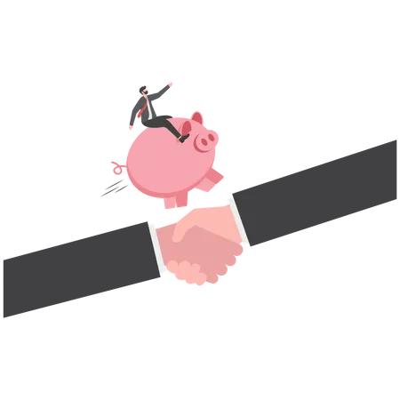 Businessman riding a piggy bank points his finger and runs forward  イラスト