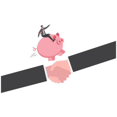 Businessman riding a piggy bank points his finger and runs forward  Illustration