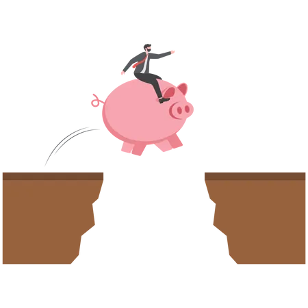 Businessman Riding A Piggy Bank Jumping Over A Gap That Is Full Of Spear And Thorn Conquering Obstacle Challenge Concept Illustration