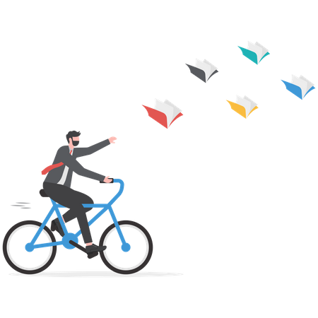 Businessman riding bicycle according to flying book  Illustration