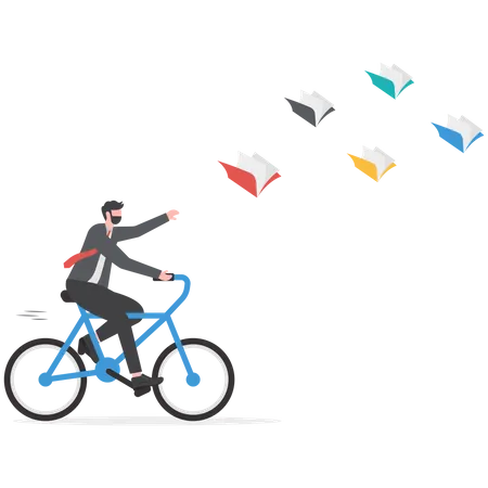 Learning Aspiration Concept Businessman Riding A Bicycle According To A Flying Book Illustration
