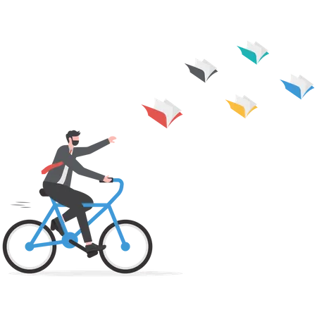 Businessman riding bicycle according to flying book  Illustration