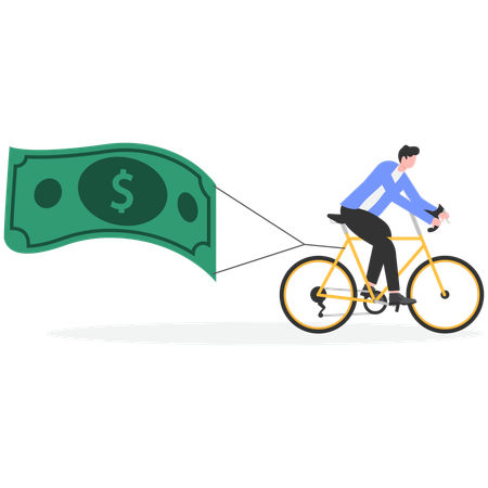 Businessman riding bicycle and pulling money  Illustration