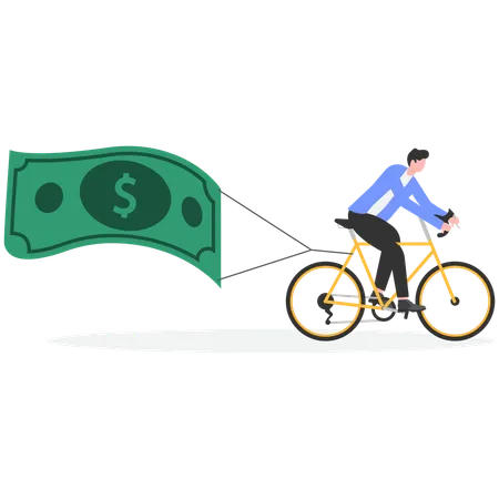 Businessman riding bicycle and pulling money  Illustration