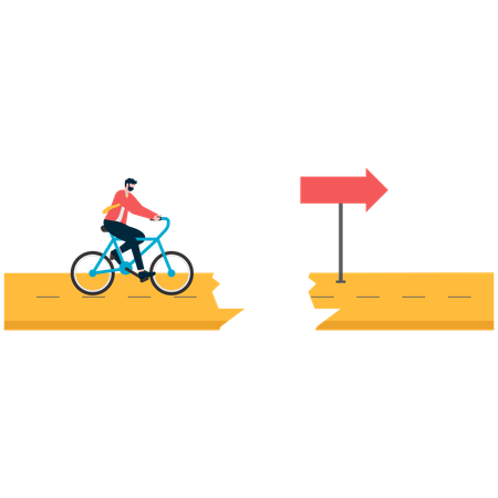Businessman riding bicycle on broken road  Illustration