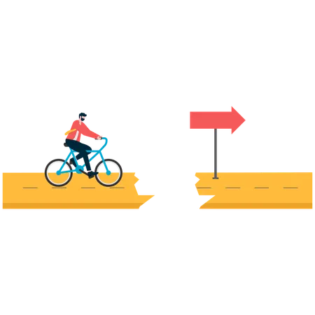 Businessman riding bicycle on broken road  Illustration